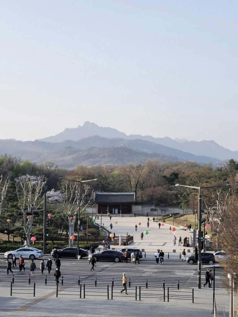 The main gate of Jongmyo Shrine seen from the Sewoon Sky-deck Walkway.